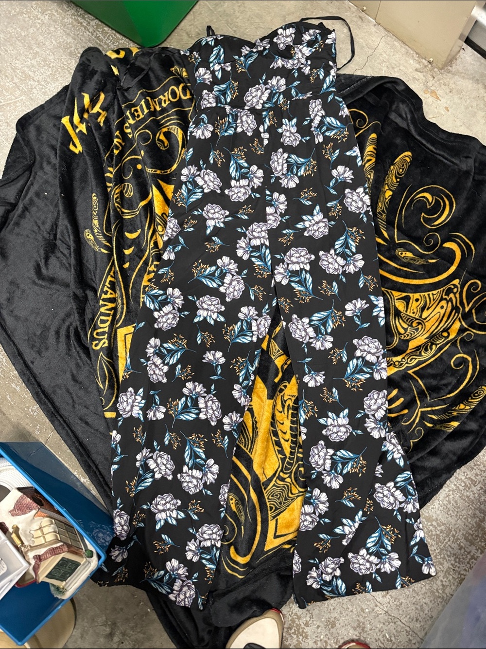Black Floral Wide-Leg Jumpsuit with Blue & White Blooms